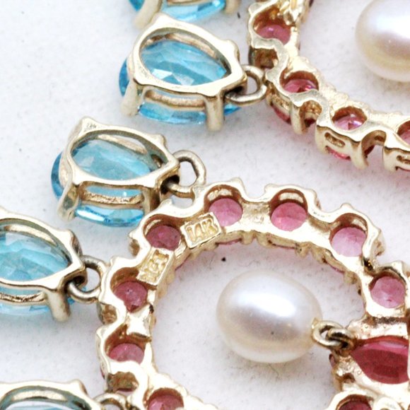 14K Gold Synthetic Tourmaline Topaz Pearl Chandelier Earrings - Picture 9 of 10